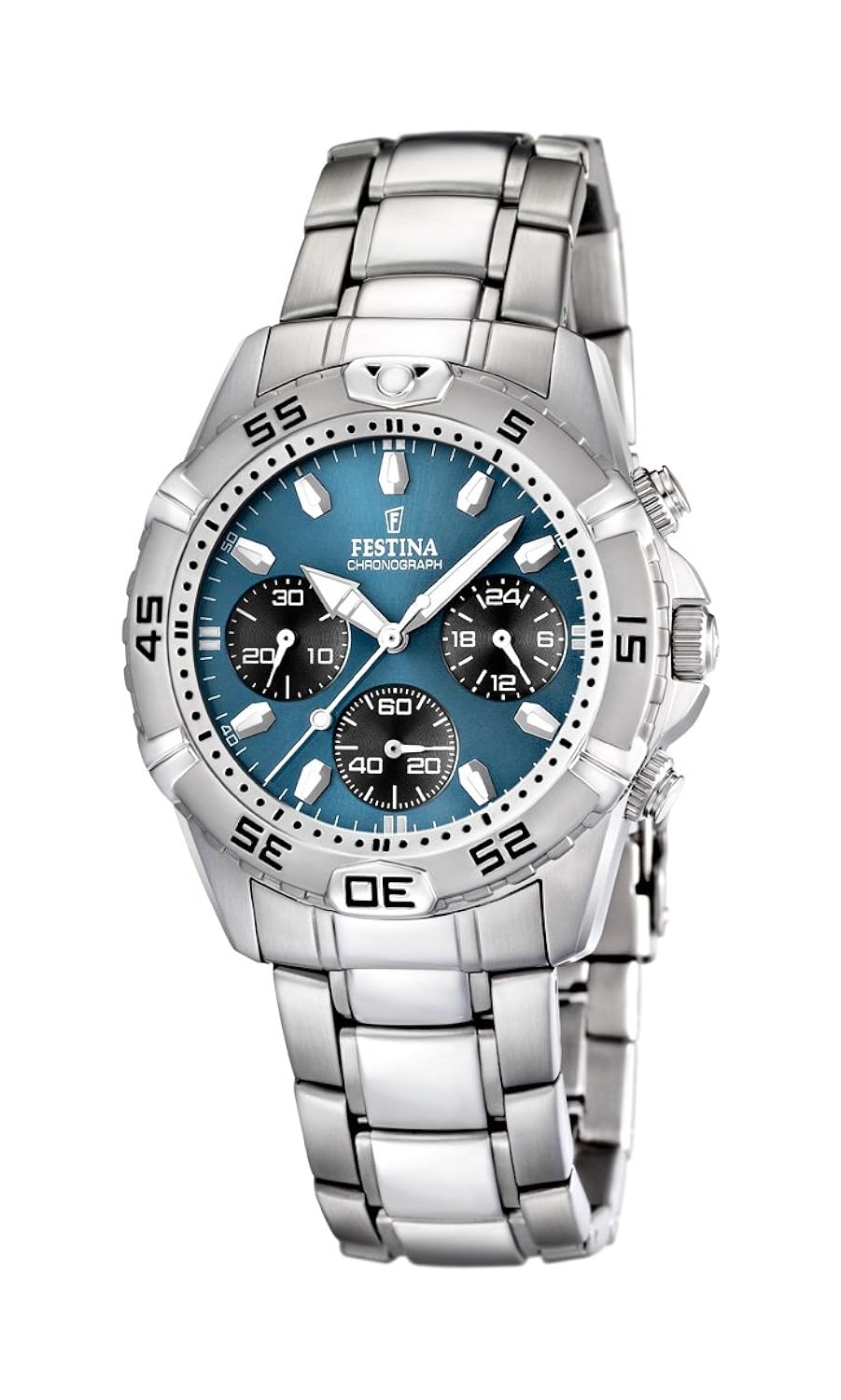 festina 男式石英手表蓝色表盘计时码表显示和银色不锈钢表链 f16635